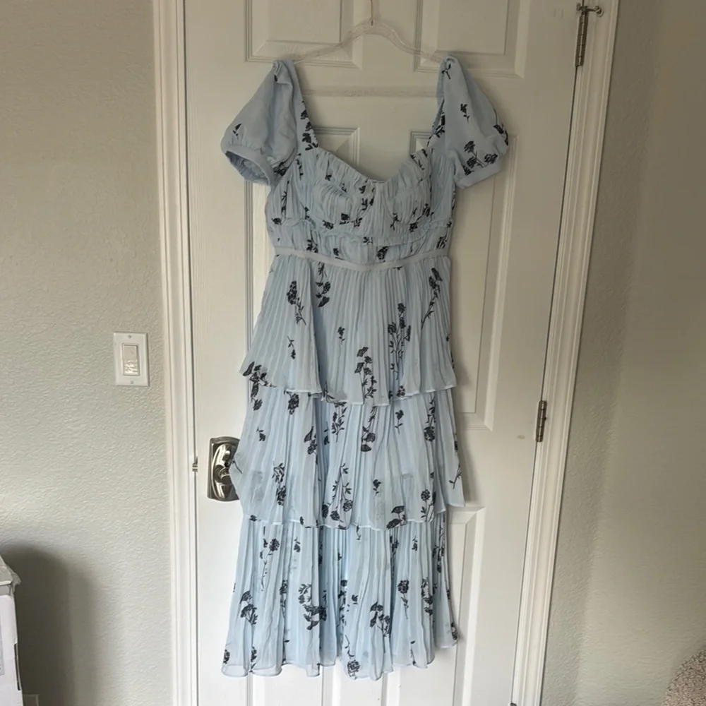 Self-Portrait Blue Puff Sleeve MIDI Dress - Picture 3 of 6